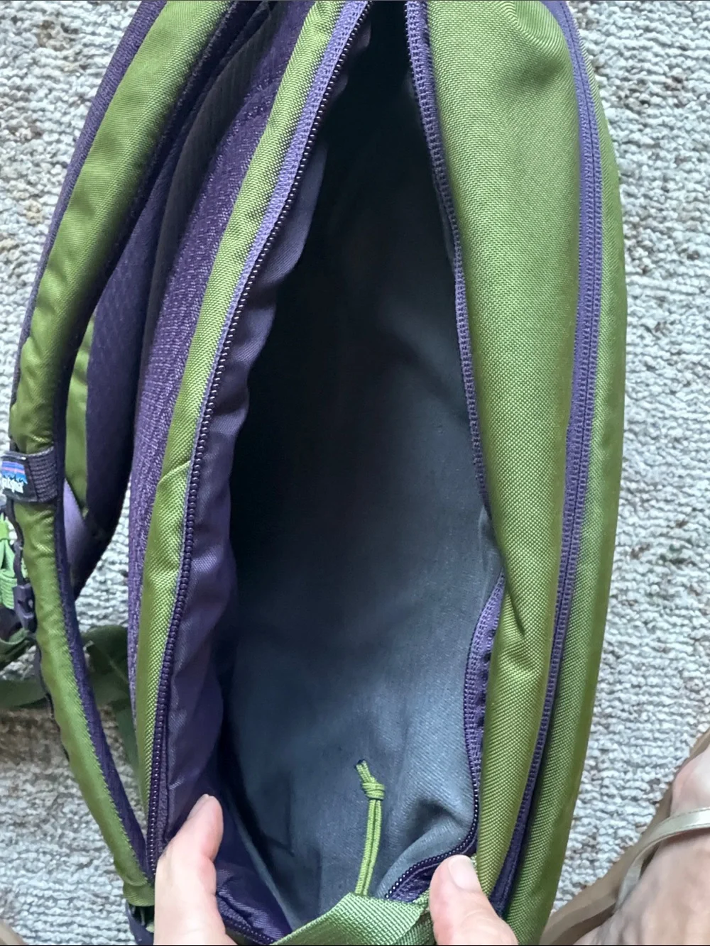 Patagonia Atom 18L Olive Green Backpack with Purple Accents